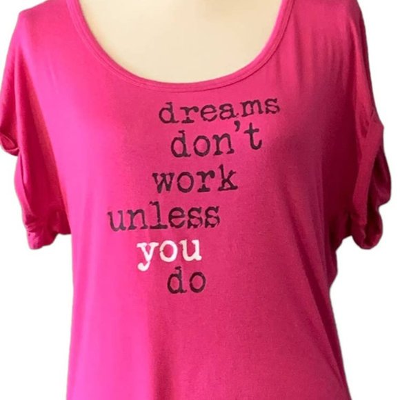 Pink Lotus Pink SS Shirt "Dreams don't work..." Open Faux Wrap Back Size Large - Picture 2 of 5